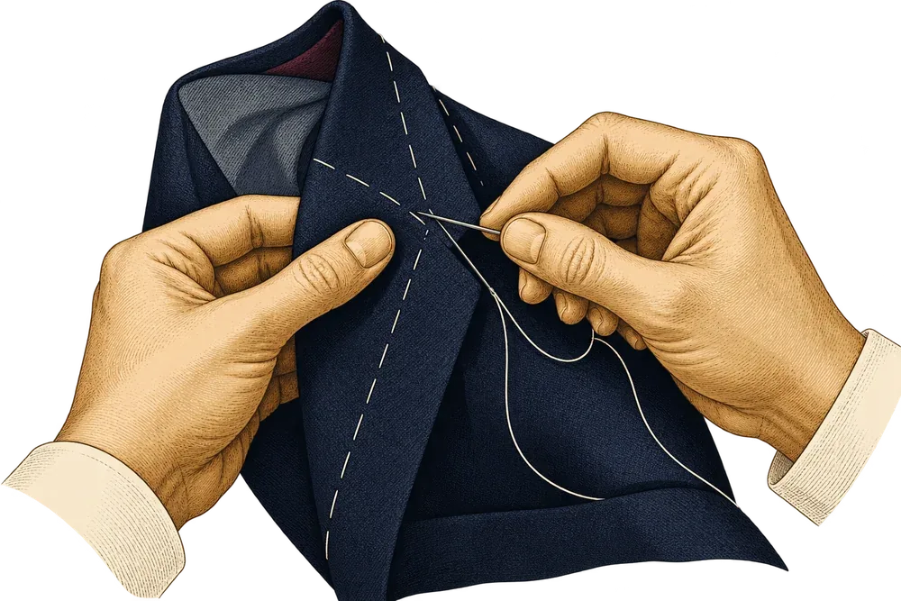 Ilustración de unas manos cosiendo a mano la solapa de un saco azul