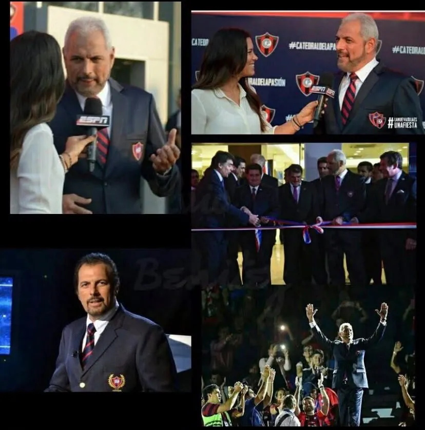 Collage: un cliente de la casa vestido de traje en entrevistas de televisión, una inauguración y un estadio